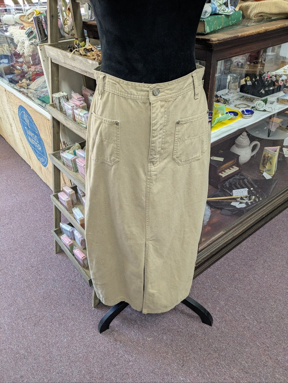 Vintage 1990s Y2k Bill Blass Khaki Denim Maxi Skirt